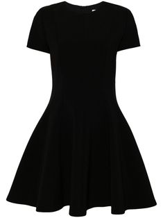 jet black panelled design stretch-design round neck concealed rear zip fastening short sleeves full skirt straight hem thigh-length Female Closet, Virgo Rising, Sleeve Black Dress, Skirt Straight, Mini Dress Red, Black Dress With Sleeves, Fantasy Gowns, City Dress, Airport Fashion