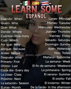 a poster with the words learn some spanish in front of it and an image of a woman's face