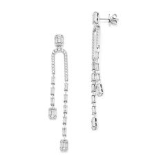 The sophisticated yet playful design of these natural diamond drop earrings features beautiful baguette diamonds dangling from a delicate arch of round diamonds. Crafted in luxurious 18-karat white gold  these lively earrings will sparkle from across the room. Luxury White Gold Diamond Linear Earrings, Luxury White Baguette Cut Diamond Earrings, Luxury White Baguette-cut Diamond Earrings, Luxury Diamond Linear Long Drop Earrings, Luxury White Dangle Linear Earrings, Delicate Arch, Baguette Diamonds, Diamond Drop Earrings, Baguette Diamond