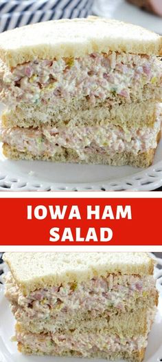 two halves of a ham salad sandwich on a white plate with red text overlay