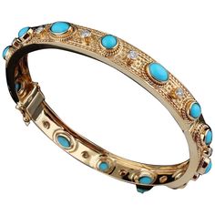 A stunning bangle bracelet handmade in 18K gold. It is set in 4.75 carat turquoise and .75 carats of sparkling diamonds. FOLLOW MEGHNA JEWELS storefront to view the latest collection & exclusive pieces. Meghna Jewels is proudly rated as a Top Seller on 1stDibs with 5 star customer reviews. All items manufactured by us are handmade and can be customized or redesigned. Composition Total Weight :- 24.63 gm 18k Yellow Gold Weight :- 23.53 gm Diamond Weight :- 0.75 ct. Turquoise Weight :- 4.75 ct. Bangle Size: 62.93 x 64.22 x 8.00 mm and we can make bracelet size as per your requirement. Retro Bracelet, Modern Bracelets, Bracelet Handmade, Sparkle Diamonds, Bracelet Sizes, Bangle Bracelet, Handmade Bracelets, Wrap Bracelet, 5 Star