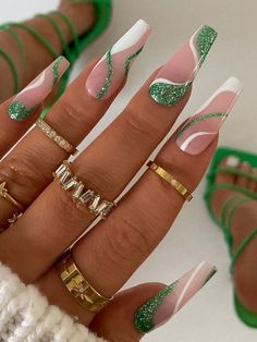 glittery green and white swirl nails Spring Fingernails, 2025 Spring, Spring Nail