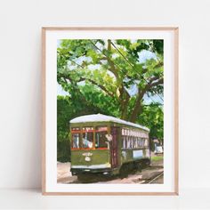 a painting of a green trolley car on the tracks in front of a large tree