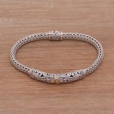 Gold Accent Sterling Silver Pendant Wristband Bracelet - Elegant Twining | NOVICA Ginni Ring, Rope Lamps, Silver Anklets Designs, Bracelet Elegant, Antique Silver Jewelry, Silver Jewellery Indian, Silver Bracelets For Women, Wristband Bracelet, Gold Jewellery Design Necklaces