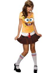 a girl in a spongebob shirt and skirt