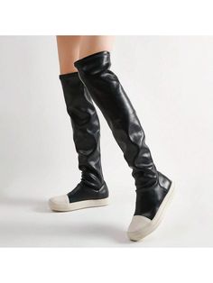 Black Glamorous,Preppy Collar    Classic Boots Embellished   Women Shoes Fitted Knee-high Boots With Round Toe For Streetwear, Fitted Leather High-top Knee-high Boots, Casual Knee-high Faux Leather Boots Medium Width, Casual Faux Leather Knee-high Boots Medium Width, Casual High-top Knee-high Boots For Fall, Casual Knee-high Synthetic Boots, Casual Synthetic Knee-high Boots For Fall, Casual Tall Over-the-knee Boots, Casual Stretch Boots With Round Toe