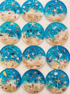 six blue glass plates with seashells and starfish on them are arranged in a pattern