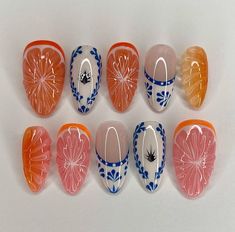 Nail Art Using Stickers, Nails Orange, Summery Nails, Purple Nail, Nails Square, Acrylic Press On Nails