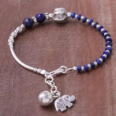 Lapis Lazuli Beaded Bracelet from Thailand - Karen Blue | NOVICA Jewelry Tutorials Free, Ringing Bell, Memory Wire Jewelry, Silver Elephant, Lapis Lazuli Bracelet, Lapis Lazuli Beads, Silver Elephants, Elephant Charm, Bracelet Tutorial