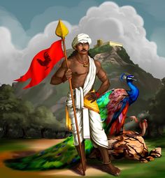 a painting of a man holding a flag next to two colorful birds on the ground