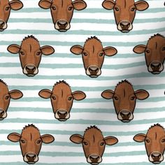 a pattern with brown cows on a blue and white striped background that looks like they are looking at the camera