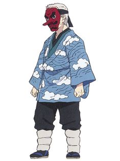 an image of a man with a red mask on his face and wearing a blue kimono