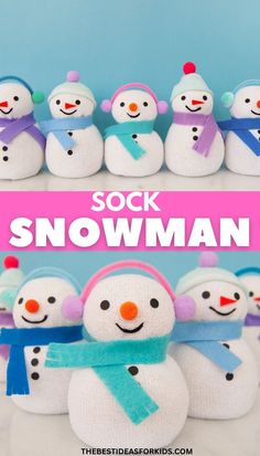 sock snowman stuffed animals are shown with the text sock snowman on top and below