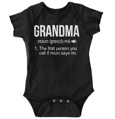 a black baby bodysuit with the words grandma on it's chest and back