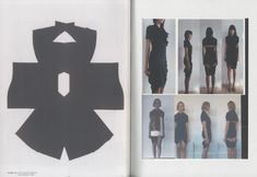 an open book with pictures of women in black dresses and the pages are cut out