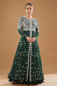 Buy Green Georgette Embroidered Cutdana V-neck Pearl Layered Gown For Women by BAIDEHI Online at Aza Fashions. Layered Gown, Draped Gown, Drape Gowns, Gown For Women, Gown Pattern, Ladies Gown, Floral Patterns, Anarkali, Aza Fashion