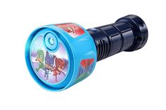 a blue toy flashlight with cartoon characters on it's side and the light is turned on