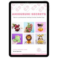 an ipad with the cover of amigurmi secrets on it, including stuffed animals