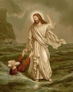 jesus walking on the water next to a man with his hand up in the air