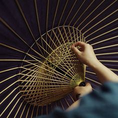 a person holding an open umbrella in front of a purple background with gold lines on it