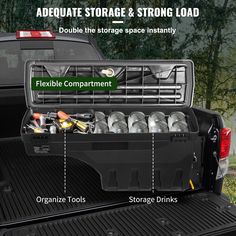 the back end of a truck with tools in it and labeled storage & strong load