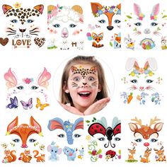 a girl with lots of different animal face stickers on her face and the words i love