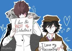 two people holding up signs that say i love my raccoon boy and you're the best valentine