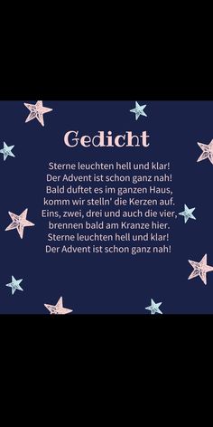 a poem written in german on a blue background with white stars and the words gedicht