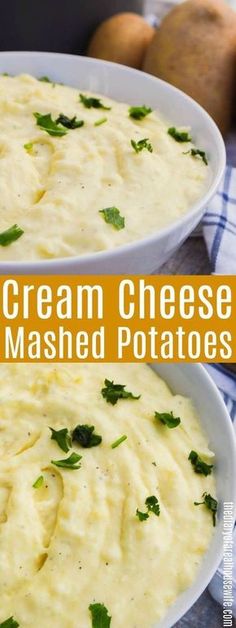 two white bowls filled with cream cheese mashed potatoes and garnished with parsley