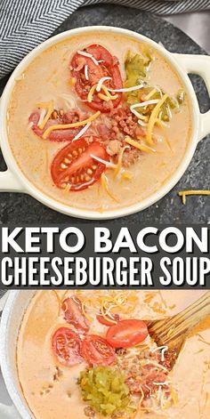 keto bacon cheeseburger soup in a white bowl