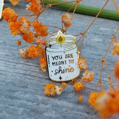 a pin with the words you are meant to shine on it sitting next to some flowers