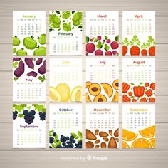 a calendar with different fruits and vegetables on the front, side and back covers in various colors