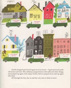 an illustrated book with houses and cars on it