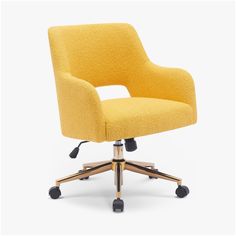 a yellow office chair with wheels and casteors on an isolated white background, front view