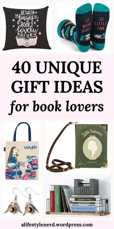 the words 40 unique gift ideas for book lovers are shown in this collage with books and