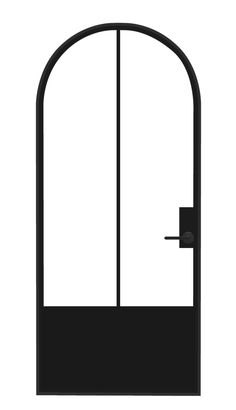 an open door with a handle on the top and bottom part in black, against a white background