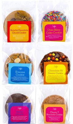 six different types of cookies in plastic bags with labels on them, each containing chocolate and candy