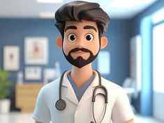 a man with a beard and a stethoscope standing in a hospital hallway