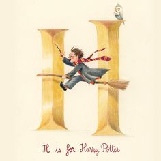 a watercolor drawing of a harry potter flying on a broom in front of the letter h