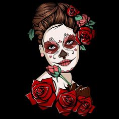 a woman with sugar makeup and roses on her face is holding a rose in her hand