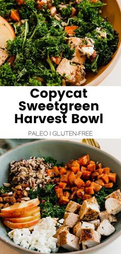 two pictures with different types of food in them and the words copycat sweetgreen harvest bowl