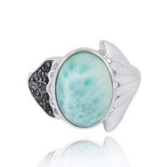 SECURE CHECKOUT   A Unique Larimar Ring Everyone Will Love!   This beautiful ring is  925 Sterling Silver and is plated with Rhodium to protect the finish from scratches and tarnishing. The design is enhanced by semi-precious  Larimar  gemstones. Materials: 925 Sterling, Larimar Stone Ring Sizes: from US 5½ to US 12 Larimar is mined by hand in the Dominican Republic, the only place in the world these beau Boho Ocean, Silver Mermaid, Larimar Rings, Larimar Stone, Ocean Inspired, Black Spinel, Mermaid Tail, Beach Jewelry, Boho Rings