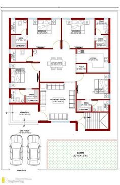 two story house plan with three car garage and living room in the middle, on top of