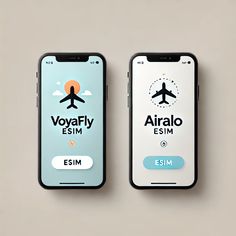 two iphones with different logos on them, one showing an airplane and the other saying