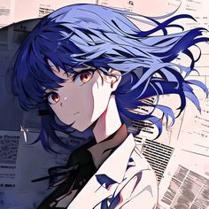 an anime character with blue hair standing in front of papers and looking at the camera