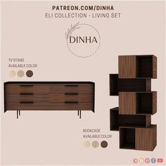 an image of a wooden furniture set with different colors and sizes, including the name dinha