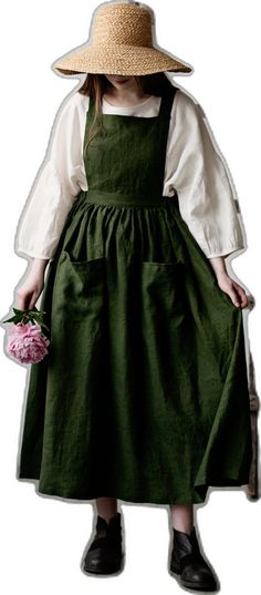 Victorian Apron, Victorian Aprons, Linen Pinafore Dress, Cottage Dress, Green Cottage, Linen Pinafore, Elastic Waist Dress, Dress Linen, Pinafore Dress