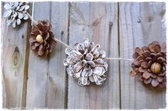 pine cones are hung on a wooden fence with twine needles and acorns