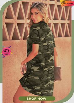 Green Camouflage Print V Neck T-shirt Cotton Mini Dress Camo Style, Casual Mini Dress, Cotton Mini Dress, Camo Fashion, Plain Dress, Mini Dresses Online, Camouflage Print, Mini Dress Casual, Camo Print