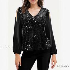 Lasaky - Chic Off-Shoulder Pullover with Embellished Patchwork and Stylish Lantern Sleeves Split Blouse, Sequins Blouse, Lantern Sleeve Top, Lantern Sleeved Blouses, Pullover Mode, Rave Outfit, Off Shoulder Fashion, Long Sleeve Sequin, Womens Long Sleeve Shirts